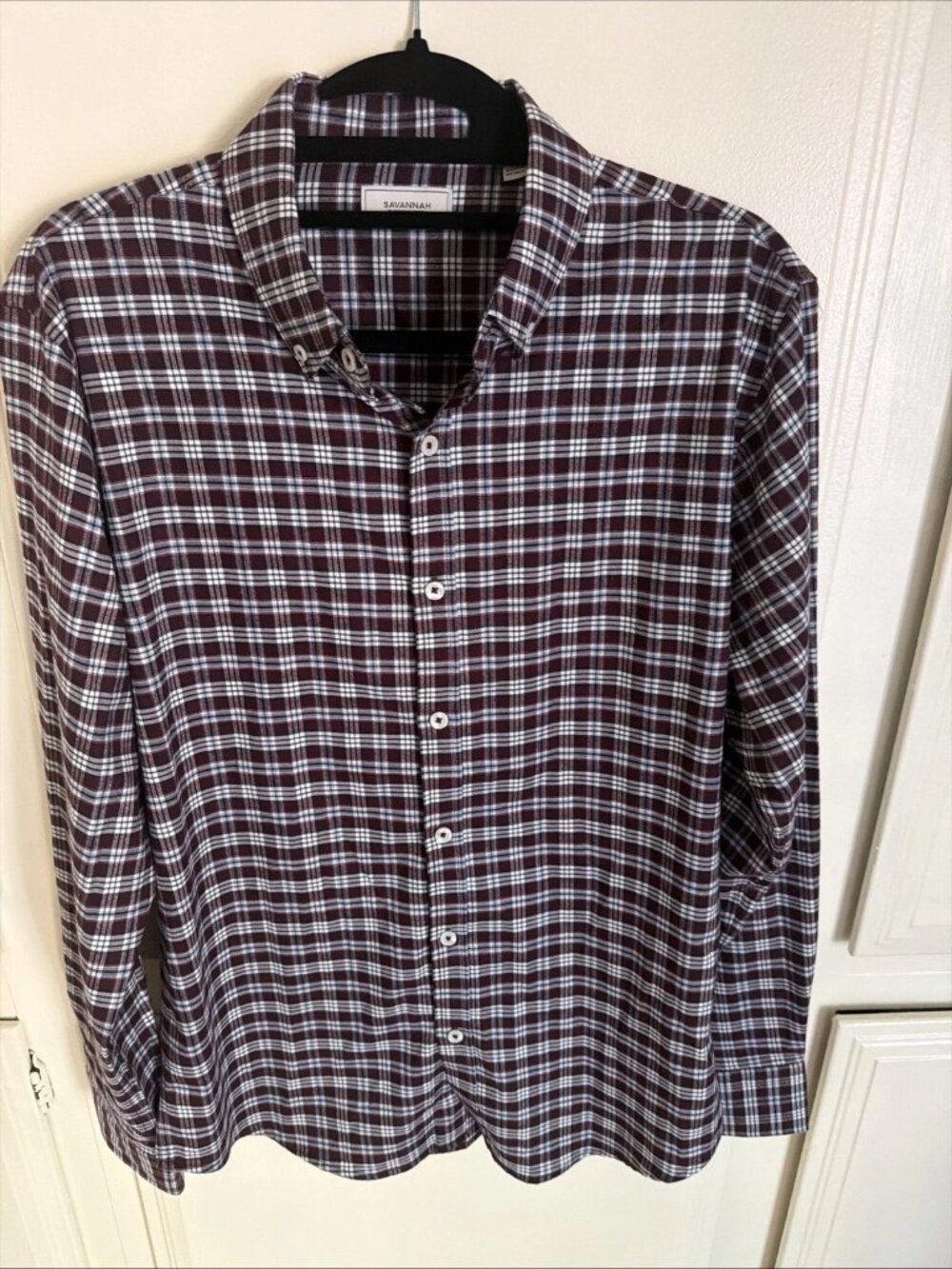 SAVANNAH Performance Shirt Blue Plaid Stretch Button Up Men’s Medium